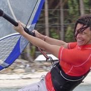 Windsurfing at Bulabog Beach is a small effort, but a big smile for Karin.
