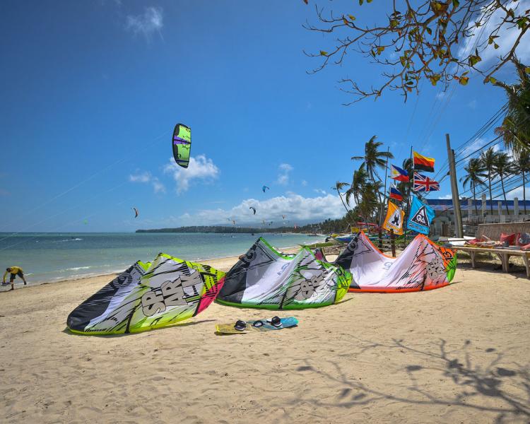 Kitesurfing at Funbaord Center Boracay located on Bulabog Beach Philippines.