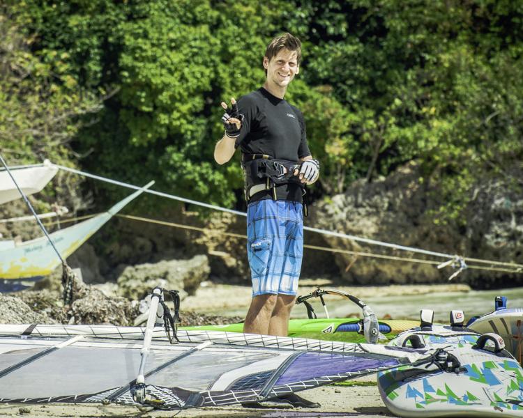 The service and windsurf equipment at Funbaord Center Boracay put a smile on Adam'S face.